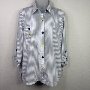 Ali Miles Shirt Womens L Striped Button Artsy Quirky Eccentric Coastal Career
